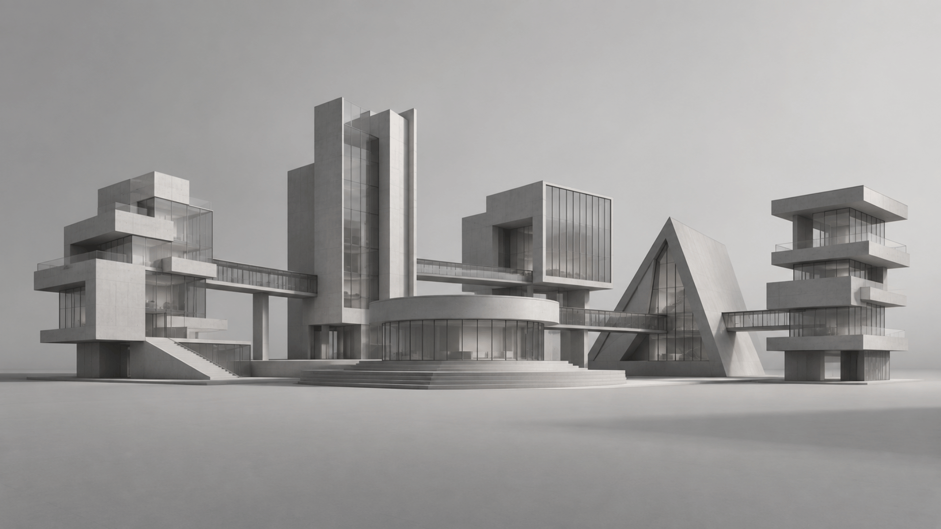 Abstract grayscale campus of six interconnected buildings representing GTM architecture.